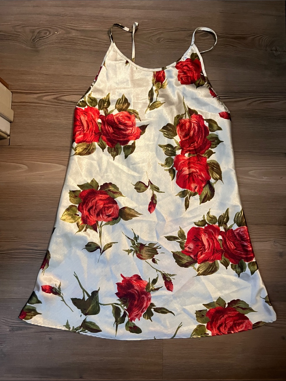 White Mini Slip Dress with Red Rose Print